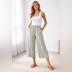 🌿✨ Tahari Linen Wide Leg Crop Pants Size M Elastic Waist ✨🌿